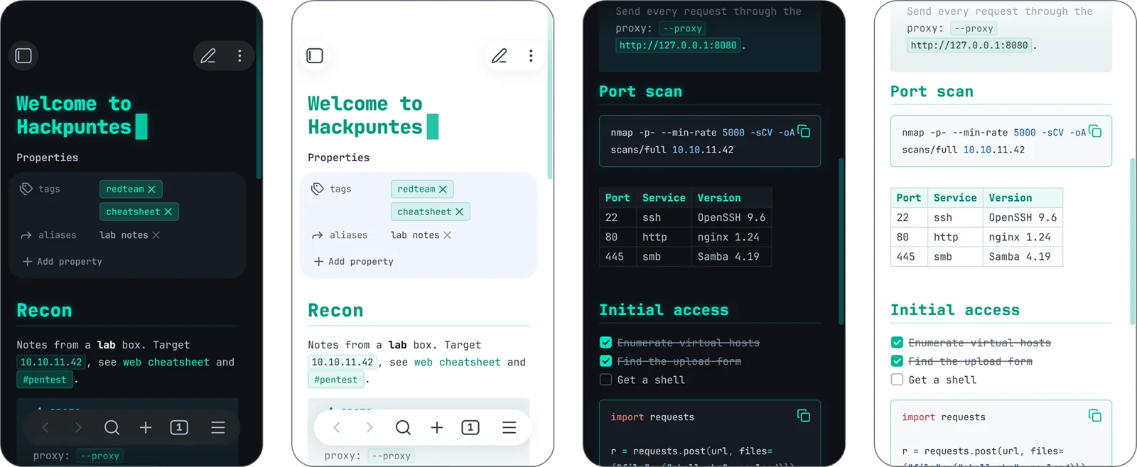 Hackpuntes for Obsidian on mobile, in dark and light